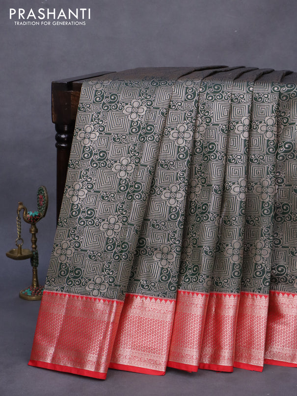 Bangalori silk saree dark bottle green and red with allover zari woven brocade weaves and zari woven border