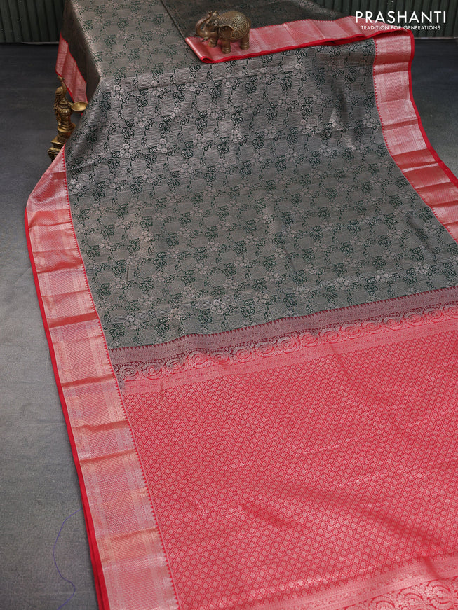 Bangalori silk saree dark bottle green and red with allover zari woven brocade weaves and zari woven border