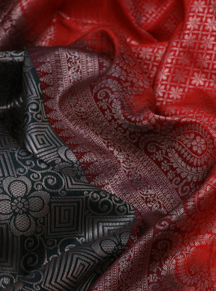 Bangalori silk saree dark bottle green and red with allover zari woven brocade weaves and zari woven border