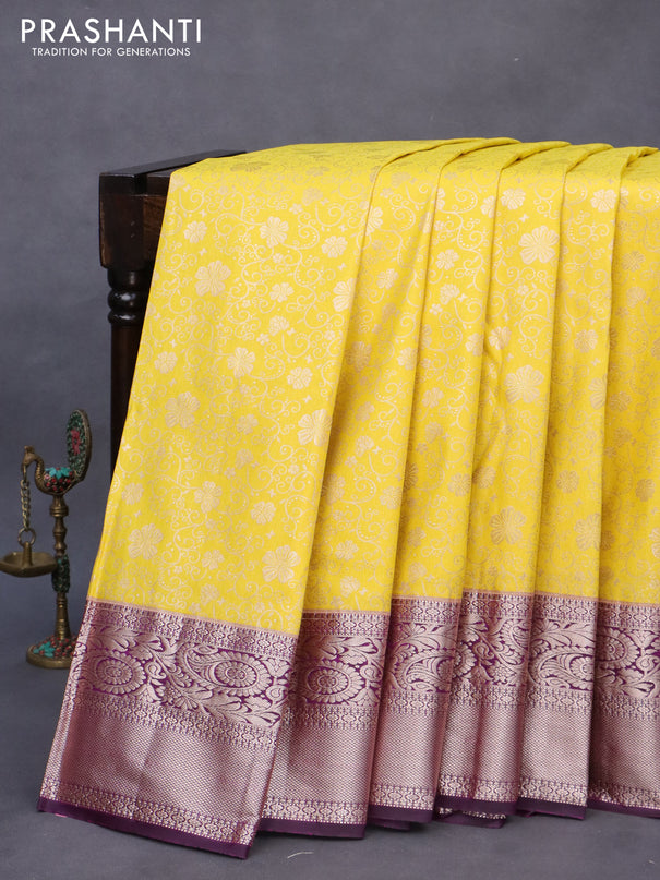 Bangalori silk saree yellow and dark purple with allover zari woven brocade weaves and rich zari woven border