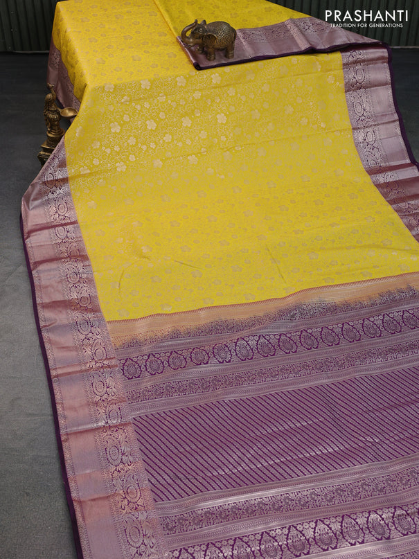 Bangalori silk saree yellow and dark purple with allover zari woven brocade weaves and rich zari woven border