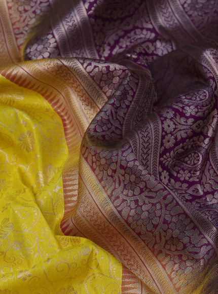 Bangalori silk saree yellow and dark purple with allover zari woven brocade weaves and rich zari woven border