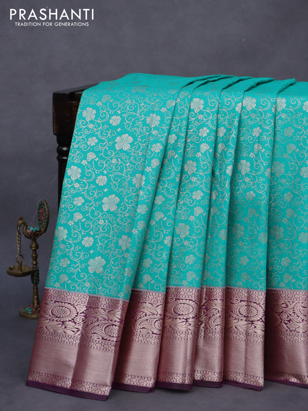 Bangalori silk saree teal green shade and dark purple with allover zari woven brocade weaves and rich zari woven border