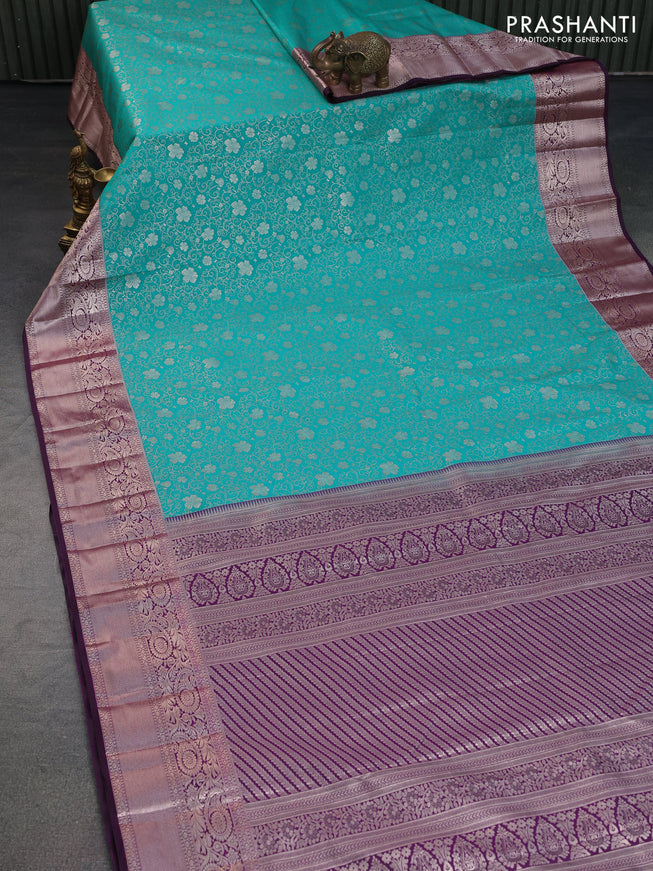 Bangalori silk saree teal green shade and dark purple with allover zari woven brocade weaves and rich zari woven border