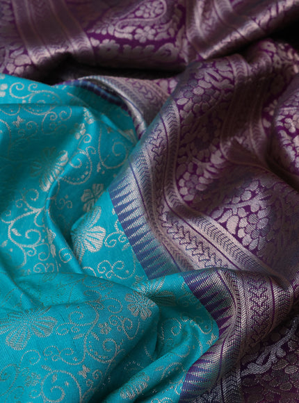 Bangalori silk saree teal green shade and dark purple with allover zari woven brocade weaves and rich zari woven border