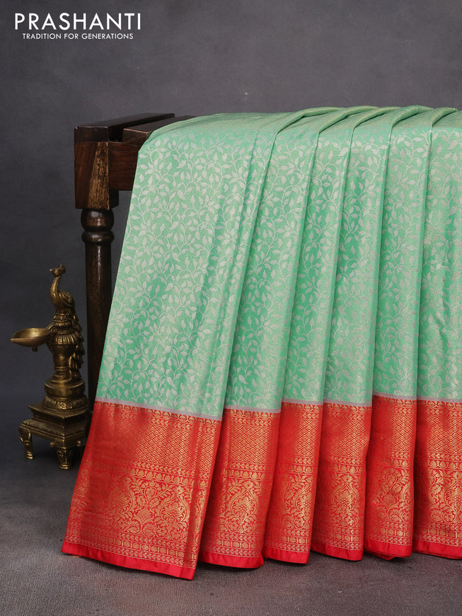 Bangalori tissue silk saree teal green shade and red with allover silver zari woven brocade weaves and zari woven border