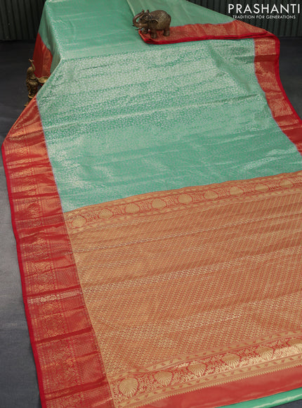 Bangalori tissue silk saree teal green shade and red with allover silver zari woven brocade weaves and zari woven border