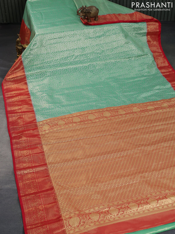 Bangalori tissue silk saree teal green shade and red with allover silver zari woven brocade weaves and zari woven border