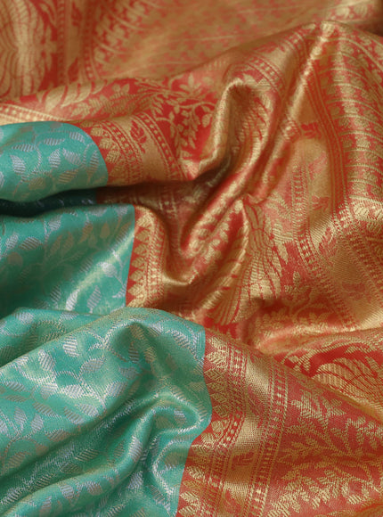 Bangalori tissue silk saree teal green shade and red with allover silver zari woven brocade weaves and zari woven border