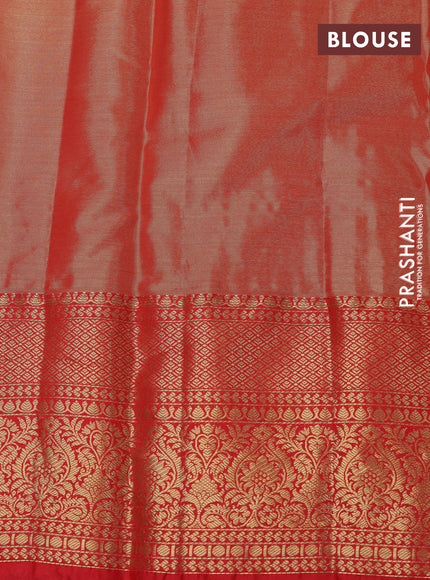 Bangalori tissue silk saree teal green shade and red with allover silver zari woven brocade weaves and zari woven border