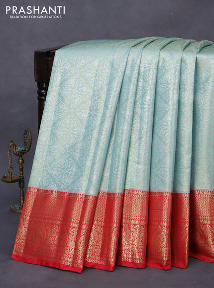 Bangalori tissue silk saree light blue and red with allover silver zari woven brocade weaves and zari woven border