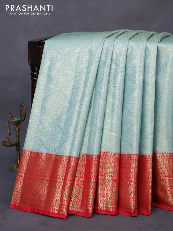 Bangalori tissue silk saree light blue and red with allover silver zari woven brocade weaves and zari woven border