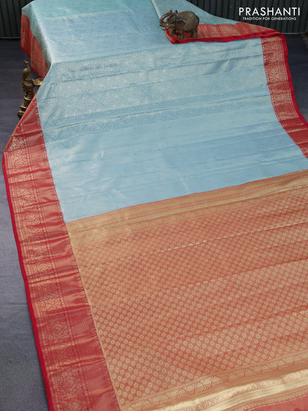 Bangalori tissue silk saree light blue and red with allover silver zari woven brocade weaves and zari woven border