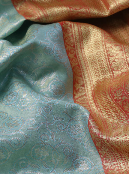 Bangalori tissue silk saree light blue and red with allover silver zari woven brocade weaves and zari woven border