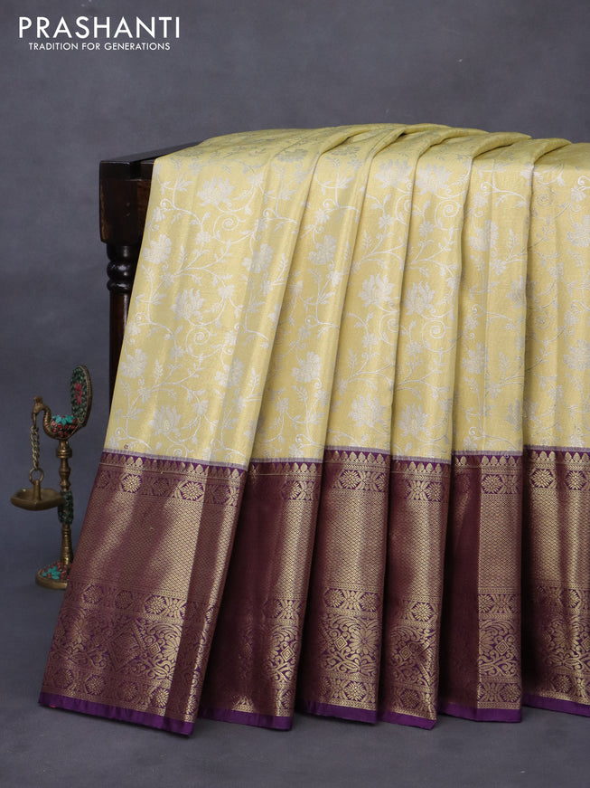 Bangalori tissue silk saree cream and violet with allover silver zari woven brocade weaves and long zari woven border