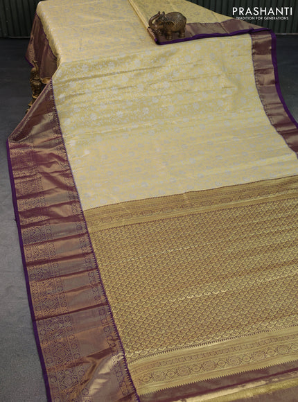 Bangalori tissue silk saree cream and violet with allover silver zari woven brocade weaves and long zari woven border