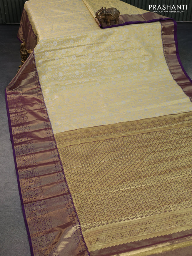 Bangalori tissue silk saree cream and violet with allover silver zari woven brocade weaves and long zari woven border