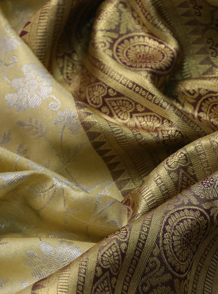 Bangalori tissue silk saree cream and violet with allover silver zari woven brocade weaves and long zari woven border