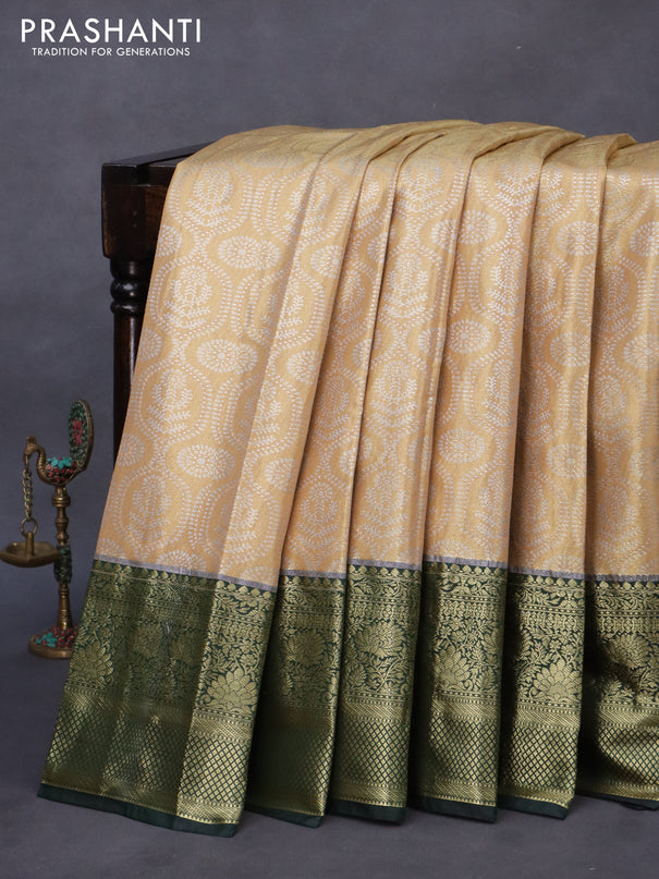 Bangalori tissue silk saree dual shade of gold and bottle green with allover silver zari woven brocade weaves and long zari woven border