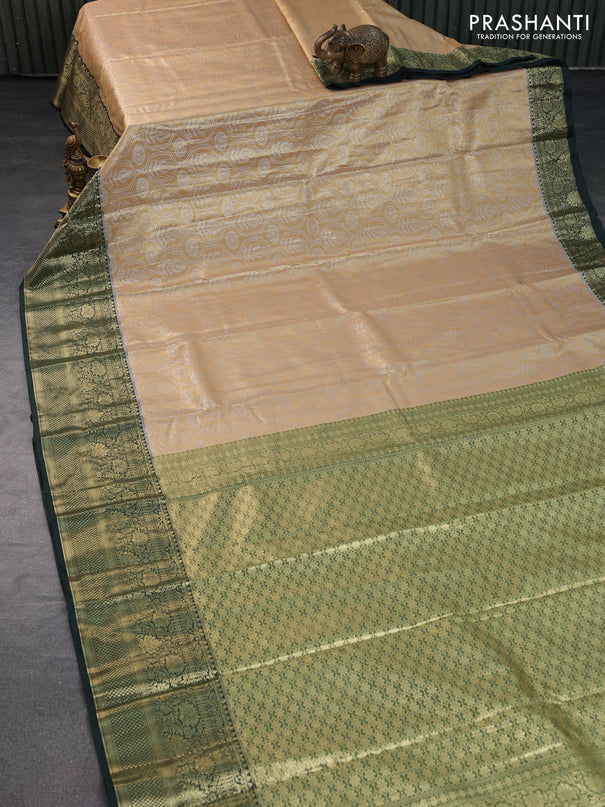 Bangalori tissue silk saree dual shade of gold and bottle green with allover silver zari woven brocade weaves and long zari woven border