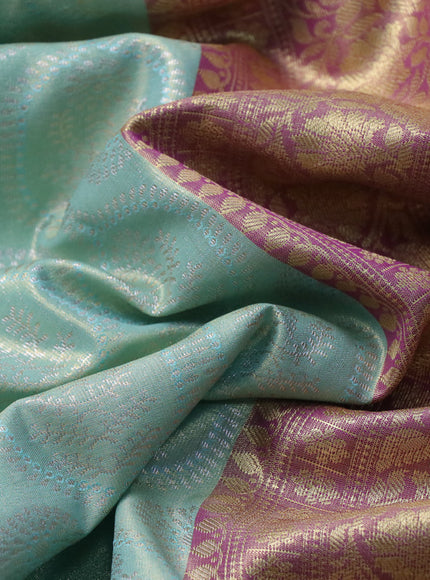 Bangalori tissue silk saree teal blue and violet with allover silver zari woven brocade weaves and long zari woven border