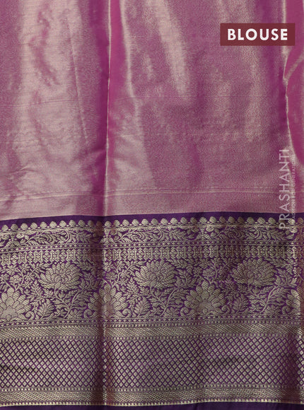 Bangalori tissue silk saree teal blue and violet with allover silver zari woven brocade weaves and long zari woven border