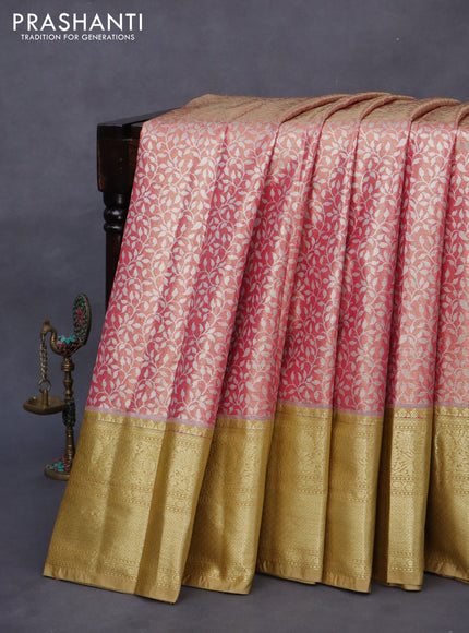 Bangalori tissue silk saree pink and sandal with allover silver zari woven brocade weaves and long zari woven border