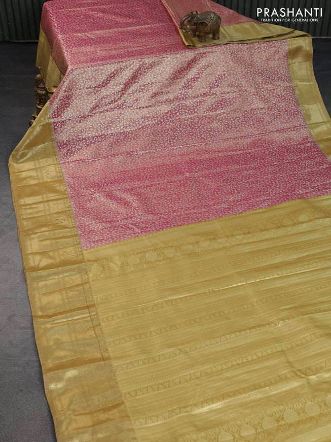 Bangalori tissue silk saree pink and sandal with allover silver zari woven brocade weaves and long zari woven border