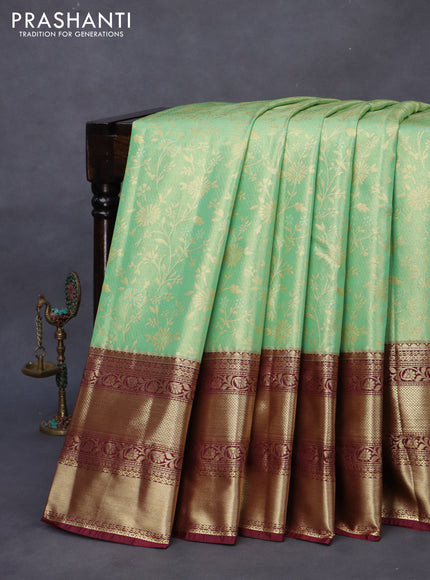 Bangalori tissue silk saree pastel green and maroon with allover zari woven brocade weaves and long zari woven border