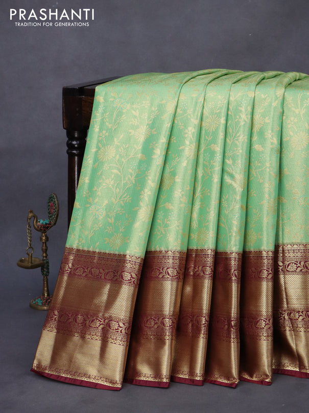 Bangalori tissue silk saree pastel green and maroon with allover zari woven brocade weaves and long zari woven border