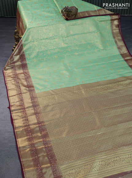 Bangalori tissue silk saree pastel green and maroon with allover zari woven brocade weaves and long zari woven border