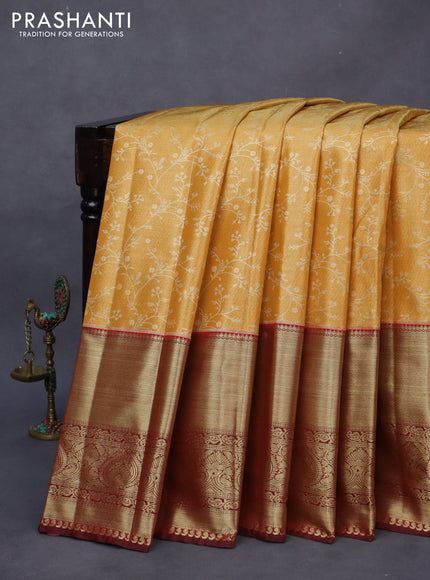 Bangalori tissue silk saree mustard yellow and maroon with allover zari woven brocade weaves and long zari woven border