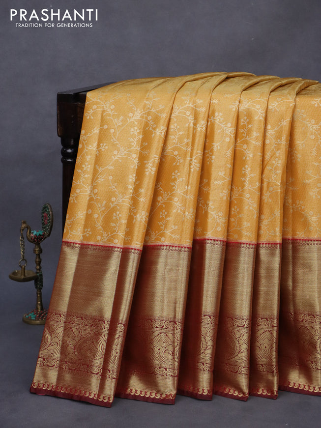 Bangalori tissue silk saree mustard yellow and maroon with allover zari woven brocade weaves and long zari woven border