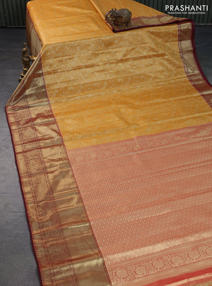 Bangalori tissue silk saree mustard yellow and maroon with allover zari woven brocade weaves and long zari woven border