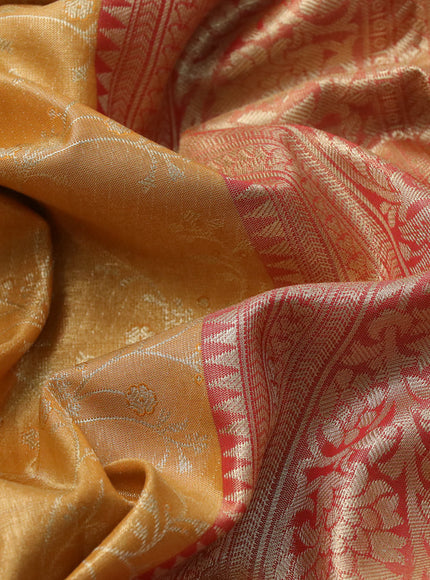 Bangalori tissue silk saree mustard yellow and maroon with allover zari woven brocade weaves and long zari woven border