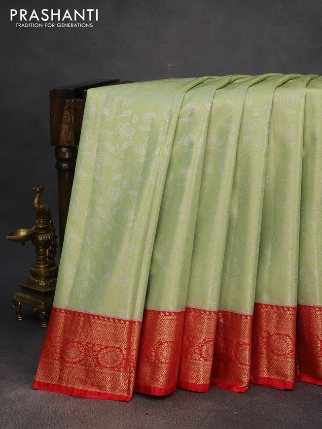 Bangalori tissue silk saree pista green and red with allover silver zari woven brocade weaves and zari woven border