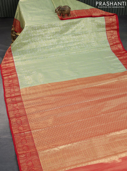 Bangalori tissue silk saree pista green and red with allover silver zari woven brocade weaves and zari woven border