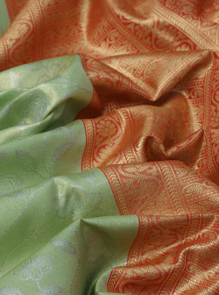 Bangalori tissue silk saree pista green and red with allover silver zari woven brocade weaves and zari woven border