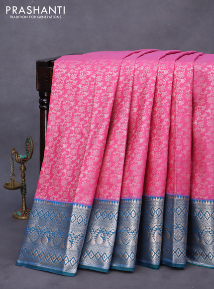 Bangalori silk saree pink and peacock green with allover silver zari woven brocade weaves and zari woven border