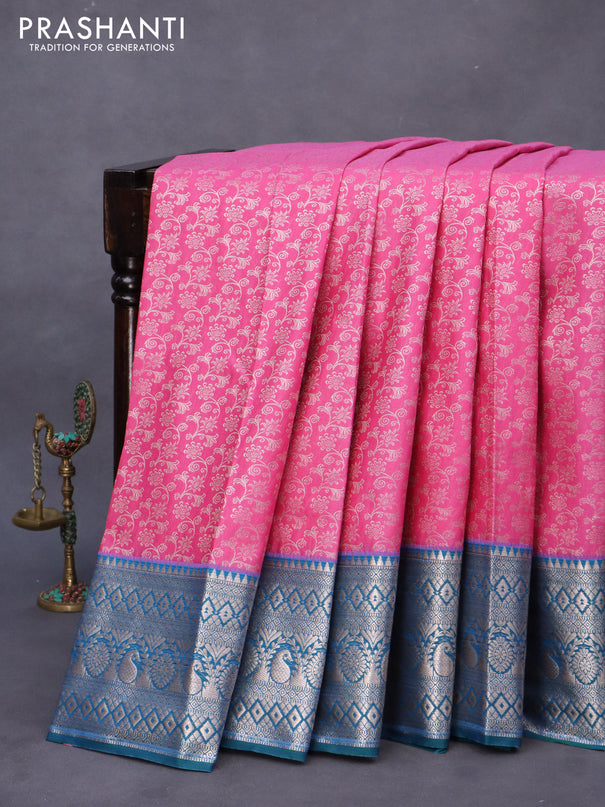 Bangalori silk saree pink and peacock green with allover silver zari woven brocade weaves and zari woven border