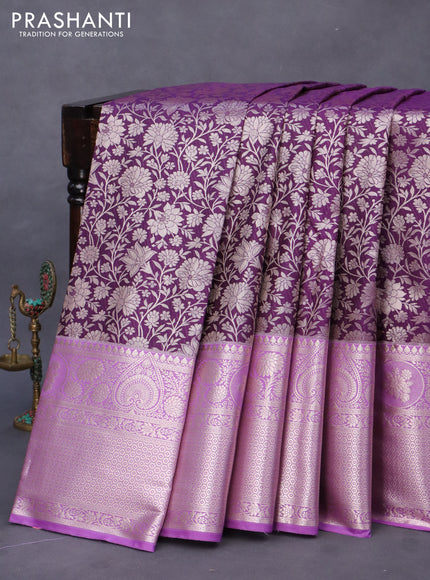 Bangalori silk saree deep violet and lavender with allover silver zari woven brocade weaves and long zari woven border