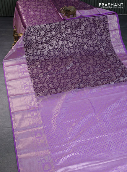 Bangalori silk saree deep violet and lavender with allover silver zari woven brocade weaves and long zari woven border