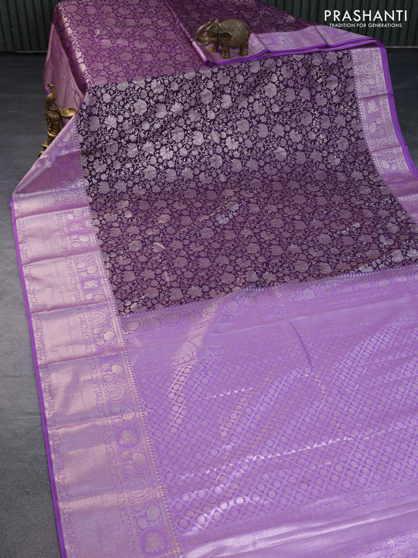 Bangalori silk saree deep violet and lavender with allover silver zari woven brocade weaves and long zari woven border