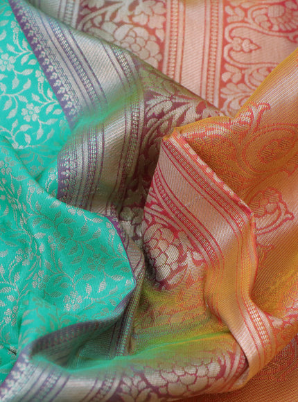 Bangalori silk saree teal blue and dual shade of yellowish pink with allover silver zari woven brocade weaves and zari woven border