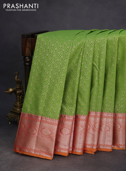 Bangalori silk saree light green and dual shade of yellowish pink with allover zari woven brocade weaves and zari woven border