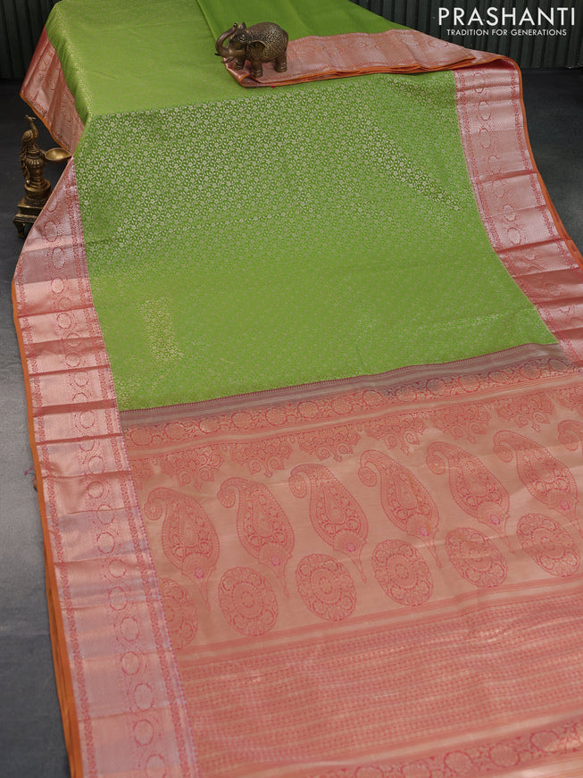 Bangalori silk saree light green and dual shade of yellowish pink with allover zari woven brocade weaves and zari woven border