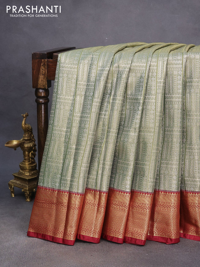 Bangalori tissue silk saree sap green and maroon with allover silver zari woven brocade weaves and zari woven border