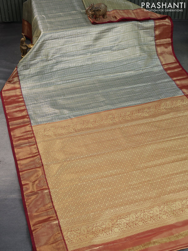 Bangalori tissue silk saree sap green and maroon with allover silver zari woven brocade weaves and zari woven border