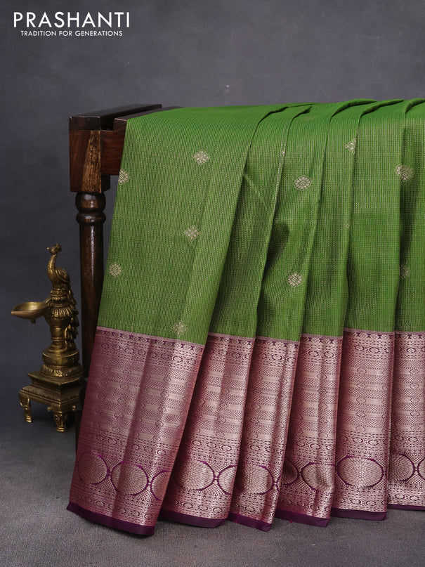 Bangalori silk saree green and purple with allover zari woven brocade weaves and long rich zari woven border