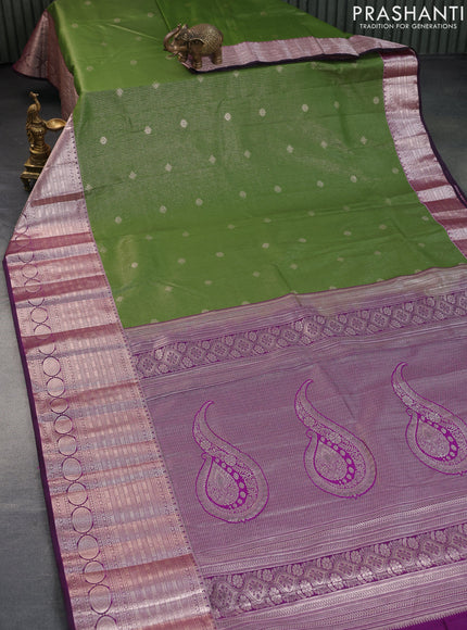 Bangalori silk saree green and purple with allover zari woven brocade weaves and long rich zari woven border